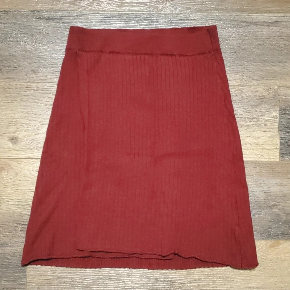 Free people knit ribbed stretch faux wrap skirt rust red euc